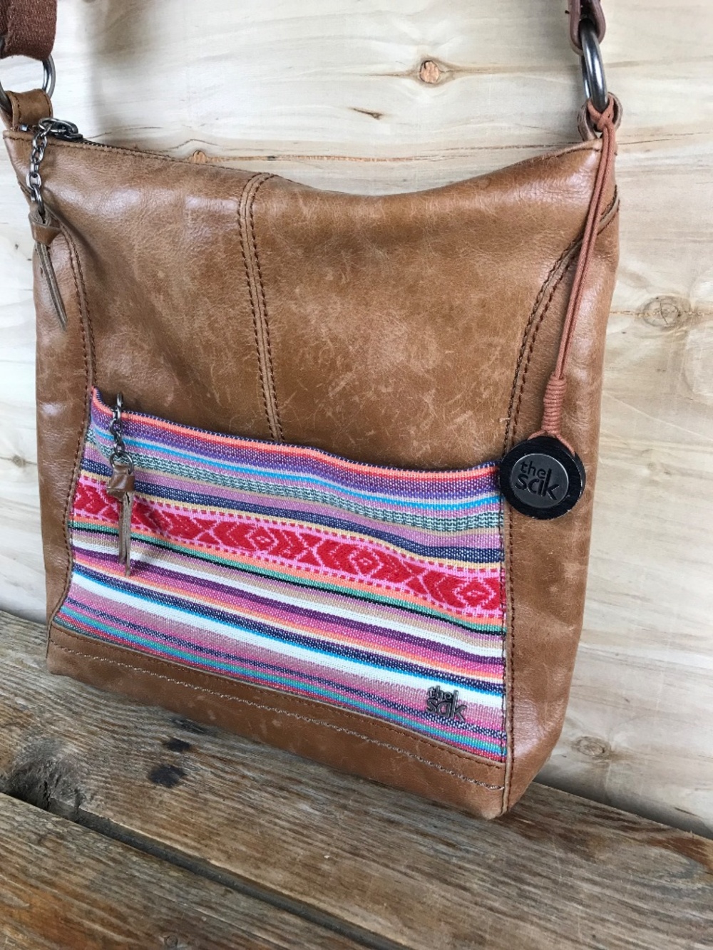 The Sak Brown Leather Boho Crossbody Woven Colorful Bag Purse Hippie - Picture 3 of 15